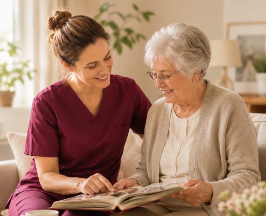 Pflegekraft spricht freundlich mit älterer Dame in einem gemütlichen Raum.