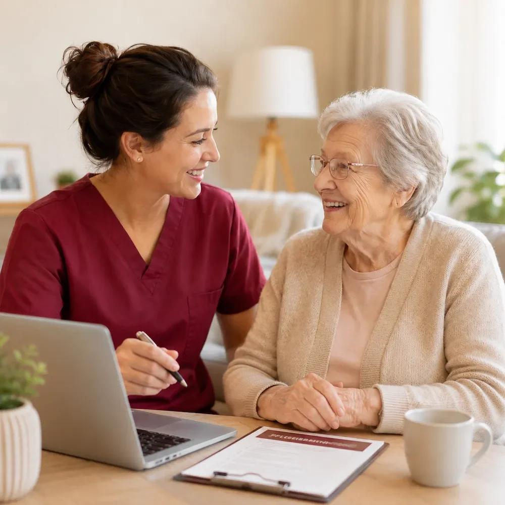 Pflegeberatung Pflegekraft spricht mit lächelnder älterer Dame, Laptop und Notizen auf dem Tisch.