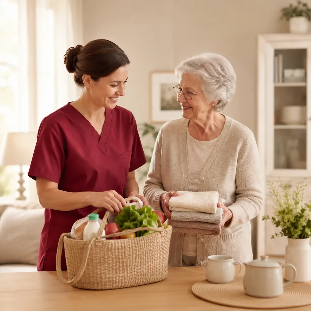Hauswirtschaft Pflegekraft übergibt Lebensmittel und Handtücher an eine ältere Dame in einem gemütlichen Raum.