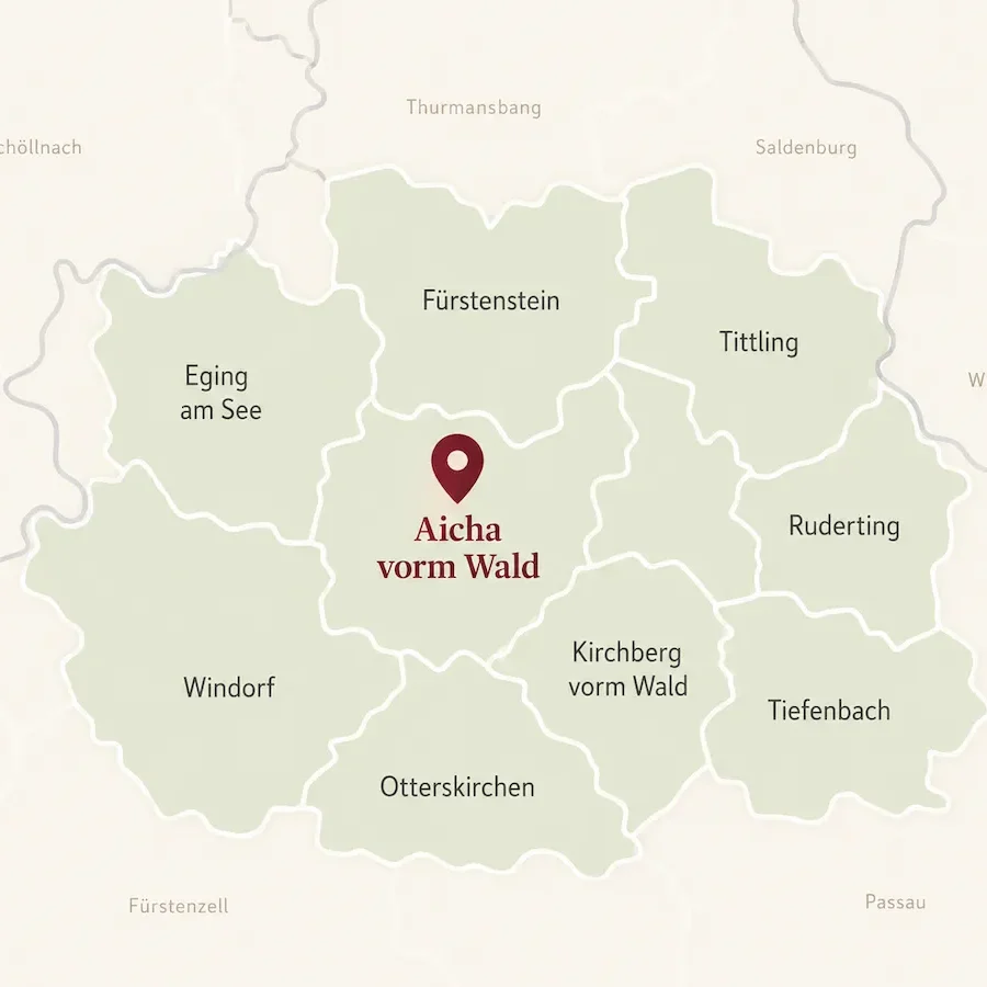 Karte von Aicha vorm Wald mit benachbarten Orten zeigt das Einzugsgebiet von Rohde & Schmid